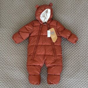 GAP Brown Puffer Winter Snowsuit with Bear Ears Sherpa Lined Hood. 6–12 months.